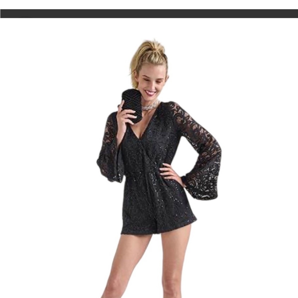 VENUS Black sequin open backed Bell Sleeve Romper